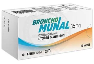 BRONCHO-MUNAL 3,5 MG COCUKLAR ICIN KAPSUL (30 KAPSUL) ürün ambalajı, kapsül formunda liyofilize bakteriyel lizatı içerir. Üretici: ABDİ İBRAHİM İLAÇ SANAYİ VE TİCARET A.Ş.