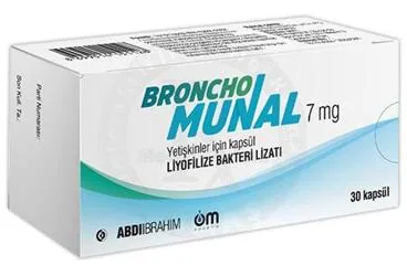 BRONCHO-MUNAL 7 MG YETISKINLER ICIN KAPSUL (30 KAPSUL) ambalajı, kapsül formunda liyofilize bakteriyel lizatı içerir. Üretici: ABDİ İBRAHİM İLAÇ SANAYİ VE TİCARET A.Ş.