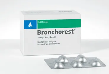Levosetirizin + montelukast içeren kapsül: BRONCHOREST 10/5 MG 30 KAPSUL ambalajı. Üretici: SANTA FARMA İLAÇ SAN. A.Ş.