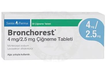 BRONCHOREST 4MG/2,5MG CIGNEME TABLETI (30 ADET) ambalajı. Levosetirizin + psödoefedrin içeren çiğneme tableti. Üretici: SANTA FARMA İLAÇ SAN. A.Ş.