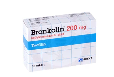 BRONKOLIN 200 MG DEGISTIRILMIS SALIMLI TABLET kutusu, tablet formunda teofilin içerir. Üretici: ADEKA İLAÇ SANAYİ VE TİCARET A.Ş.