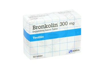 BRONKOLIN 300 MG DEGISTIRILMIS SALIMLI TABLET (30 TABLET) kutu fotoğrafı, tablet formunda teofilin içerir. Üretici: ADEKA İLAÇ SANAYİ VE TİCARET A.Ş.