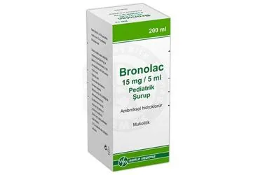 Ambroksol hcl içeren şurup: BRONOLAC 15 MG/5 ML PEDIATRIK ŞURUP (100ML) ürün ambalajı. Üretici: WORLD MEDICINE İLAÇ SAN. VE TİC. A.Ş.