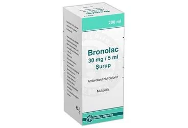 Ambroksol hcl içeren şurup: BRONOLAC 30 MG/5 ML SURUP (200ML) ürün ambalajı. Üretici: WORLD MEDICINE İLAÇ SAN. VE TİC. A.Ş.