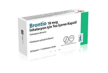 BRONTIO 18 MCG INHALASYON ICIN TOZ ICEREN KAPSUL (30 KAPSUL) ambalajı. Tiotropium bromür monohidrat içeren inhalasyon aerosolü. Üretici: DEVA HOLDİNG ANONİM ŞİRKETİ.