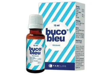 Metilen mavisi + rezorsin içeren BUCO-BLEU KOLLUTUVAR (15 ML) ambalajı. Üretici: TAB İLAÇ SANAYİ ANONİM ŞİRKETİ.