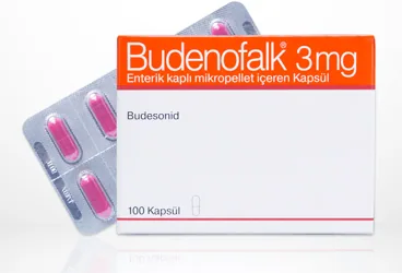 BUDENOFALK 3 MG ENTERIK KAPLI MIKROPELLET ICEREN 100 KAPSUL kutusu. Budesonid -intestinal içeren kapsül. Üretici: ALİ RAİF İLAÇ SANAYİ A.Ş.