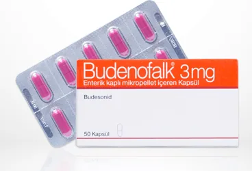 Budesonid -intestinal içeren kapsül: BUDENOFALK 3 MG ENTERIK KAPLI MIKROPELLET ICEREN 50 KAPSUL kutusu. Üretici: ALİ RAİF İLAÇ SANAYİ A.Ş.