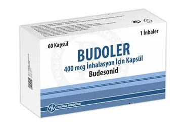 Budesonid -inhalant içeren inhalasyon aerosolü: BUDOLER 400 MCG INHALASYON ICIN KAPSUL (60 KAPSUL) ürün ambalajı. Üretici: WORLD MEDICINE İLAÇ SAN. VE TİC. A.Ş.