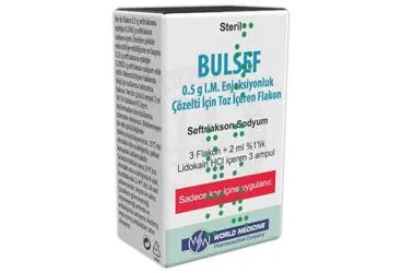 BULSEF 0,5 G I.M. ENJEKSIYONLUK COZELTI ICIN TOZ ICEREN FLAKON (3 FLAKON+ 3 AMPUL) ambalajı, çözelti formunda seftriakson içerir. Üretici: WORLD MEDICINE İLAÇLARI LTD. ŞTİ.
