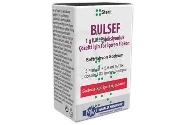 Seftriakson içeren çözelti: BULSEF 1 G I.M. ENJEKSIYONLUK COZELTI ICIN TOZ ICEREN FLAKON (3 FLAKON + 3 AMPUL) ambalajı. Üretici: WORLD MEDICINE İLAÇLARI LTD. ŞTİ.