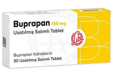 Bupropiyon hcl içeren tablet: BUPRAPAN 150 MG UZATILMIS SALIMLI TABLET (30 TABLET) kutusu. Üretici: LİBA LABORATUARLARI A.Ş.