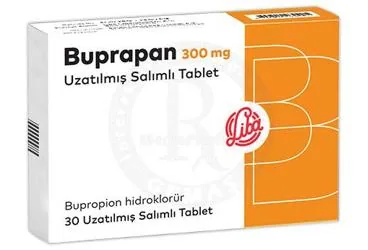 Bupropiyon hcl içeren tablet: BUPRAPAN 300 MG UZATILMIS SALIMLI TABLET (30 TABLET) ürün ambalajı. Üretici: LİBA LABORATUARLARI A.Ş.