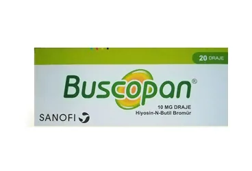 Hiyosin-n-butilbromür içeren BUSCOPAN 10 MG 20 DRAJE ürün ambalajı. Üretici: SANOFİ SAĞLIK ÜRÜNLERİ LTD. ŞTİ.