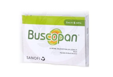 BUSCOPAN 20 MG 6 AMPUL (hiyosin-n-butilbromür) ürün ambalajı, ampul. Üretici: SANOFİ SAĞLIK ÜRÜNLERİ LTD. ŞTİ.
