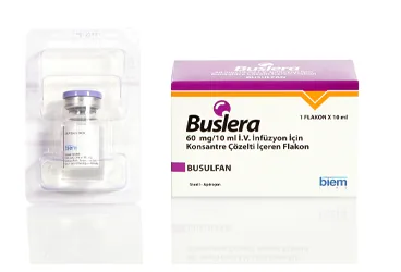 BUSLERA 60 MG/10 ML IV INFUZYON ICIN KONSANTRE COZELTI ICEREN 1 FLAKON kutusu, çözelti formunda busulfan içerir. Üretici: BİEM İLAÇ SAN. VE TİC. A.Ş.