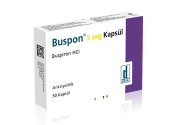 BUSPON 5 MG 50 KAPSUL ürün ambalajı, kapsül formunda buspiron hcl içerir. Üretici: DEVA HOLDİNG ANONİM ŞİRKETİ.