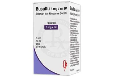 Busulfan içeren çözelti: BUSULTU 6 MG/ML IV INFUZYON ICIN KONSANTRE COZELTI kutusu. Üretici: ONKO İLAÇ SANAYİ VE TİCARET ANONİM ŞİRKETİ.