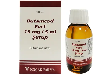 BUTAMCOD FORT 15 MG/5 ML SURUP 100 ML ambalajı. Butamirat sitrat içeren şurup. Üretici: KOÇAK FARMA İLAÇ VE KİMYA SANAYİ A.Ş.