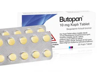 BUTOPAN 10 MG 20 DRAJE ürün ambalajı. Etkin maddesi hiyosin-n-butilbromür. Üretici: METİN SAĞLIK ECZA DEPOSU İLAÇ SANAYİ VE TİC.LTD.ŞTİ.