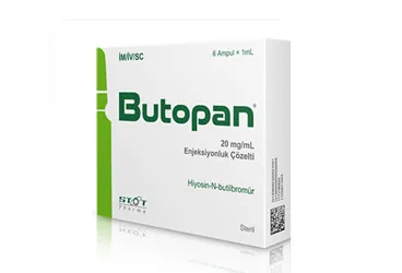 BUTOPAN 20 MG/ ML ENJEKTABL COZ. ICEREN 6 AMPUL (hiyosin-n-butilbromür) ambalajı, ampul. Üretici: METİN SAĞLIK ECZA DEPOSU İLAÇ SANAYİ VE TİC.LTD.ŞTİ.