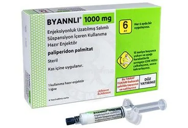 BYANNLI 1000 MG ENJEKSIYONLUK UZATILMIS SALIMLI SUSPANSIYON ICEREN KULLANIMA HAZIR ENJEKTOR (1 ADET) ambalajı. Paliperidon içeren süspansiyon. Üretici: JOHNSON AND JOHNSON SIHHİ MALZEME SANAYİ VE TİCARET LİMİTED ŞİRKETİ.
