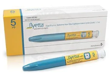 BYETTA 5 µG/20 µL SC KULLANIMA HAZIR DOLU ENJ. KALEMI ICINDE COZELTI 1,2 ML ürün ambalajı. Eksenatid içeren çözelti. Üretici: ASTRAZENECA İLAÇ SAN.VE TİC.LTD.ŞTİ.