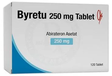 BYRETU 250 MG TABLET (120 TABLET) kutusu. Abirateron içeren tablet. Üretici: ONKO İLAÇ SANAYİ VE TİCARET ANONİM ŞİRKETİ.