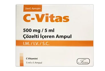 C-VITAS 500 MG/5 ML COZELTI ICEREN 5 AMPUL ambalajı, çözelti formunda vitamin c içerir. Üretici: FARMALAS İLAÇ SAN. VE TİC. LTD. ŞTİ.