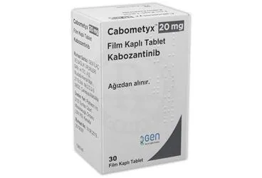 Kabozantinib içeren film kaplı tablet: CABOMETYX 20 MG FILM KAPLI TABLET kutusu. Üretici: GEN İLAÇ VE SAĞLIK ÜRÜNLERİ SAN.VE TİC. A.Ş.