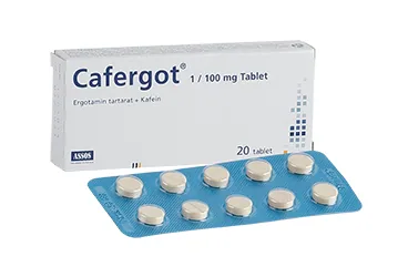 CAFERGOT 1 MG/100 MG TABLET(30 TABLET) (ergotamin +) ürün ambalajı, tablet. Üretici: ASSOS İLAÇ KİMYA GIDA ÜRÜNLERİ ÜRETİM VE TİC. A.Ş.