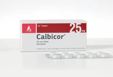 CALBICOR 25 MG 30 TABLET ambalajı, tablet formunda karvedilol içerir. Üretici: SANTA FARMA İLAÇ SAN. A.Ş.