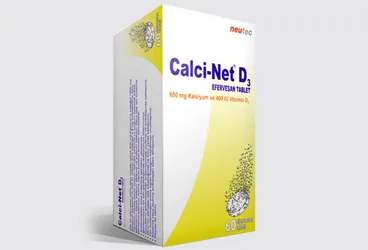 CALCI-NET D3 600 MG / 400 IU EFERVESAN TABLET, 30 ADET ürün ambalajı, efervesan tablet formunda kalsiyum karbonat/kolekalsiferol içerir. Üretici: NEUTEC İLAÇ SAN. TİC. A.Ş.