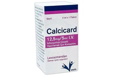 CALCICARD 12,5 MG/5 ML LV. INFUZYONLUK COZELTI HAZIRLAMAK ICIN KONSANTRE ürün ambalajı. Levosimendan içeren çözelti. Üretici: VEM İLAÇ SAN. VE TİC. ANONİM ŞİRKETİ.
