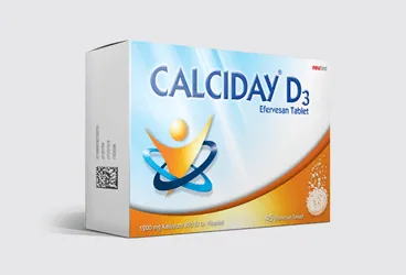 Vitamin d, kalsiyum kombinasyonları içeren efervesan tablet: CALCIDAY D3 1200 MG/800 IU 30 EFERVESAN TABLET kutusu. Üretici: NEUTEC İLAÇ SAN. TİC. A.Ş.
