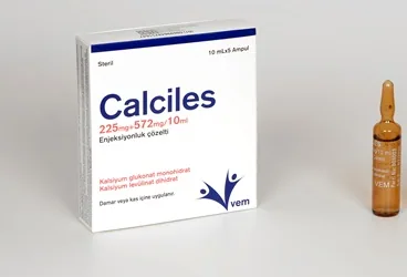 CALCILES 225 MG+572 MG/10 ML ENJEKSIYONLUK COZELTI (5 AMPUL) kutu fotoğrafı. Kalsiyum glukonat + kalsiyum levulinat içeren çözelti. Üretici: VEM İLAÇ SAN. VE TİC. ANONİM ŞİRKETİ.