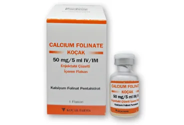CALCIUM FOLINATE-KOCAK 50 MG/5 ML ENJEKTABL SOLUSYON ICEREN 1 FLAKON kutu fotoğrafı. Kalsiyum folinat içeren flakon. Üretici: KOÇAK FARMA İLAÇ VE KİMYA SANAYİ A.Ş.