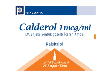 CALDEROL 1 MCG/ML I.V. ENJEKSIYONLUK COZELTI ICEREN 25 AMPUL kutu fotoğrafı, çözelti formunda vitamin d3 içerir. Üretici: PHARMADA İLAÇ SANAYİ VE TİCARET A.Ş.