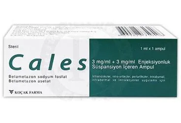 Betametazon içeren süspansiyon: CALES 3 MG/ML + 3 MG/ML ENJEKSIYONLUK SUSPANSIYON ICEREN AMPUL ( 1 AMPUL) ambalajı. Üretici: KOÇAK FARMA İLAÇ VE KİMYA SANAYİ A.Ş.