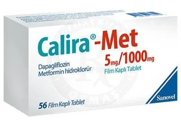 Metformin + dapagliflozin içeren film kaplı tablet: CALIRA-MET 5 MG/1000 MG FILM KAPLI TABLET ( 56 TABLET) kutusu. Üretici: SANOVEL İLAÇ SANAYİ VE TİCARET ANONİM ŞİRKETİ.