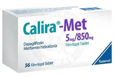 CALIRA-MET 5 MG/850 MG FILM KAPLI TABLET ( 56 TABLET) (metformin + dapagliflozin) ürün ambalajı, film kaplı tablet. Üretici: SANOVEL İLAÇ SANAYİ VE TİCARET ANONİM ŞİRKETİ.