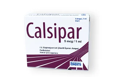 CALSIPAR 5 MCG/ML ENJEKSIYONLUK COZELTI ICEREN AMPUL (5 AMPUL) kutu fotoğrafı. Parikalsitol içeren çözelti. Üretici: BİEM İLAÇ SAN. VE TİC. A.Ş.