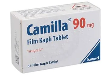 CAMILLA 90 MG FILM KAPLI TABLET (56 TABLET) (tikagrelor) ürün ambalajı, film kaplı tablet. Üretici: SANOVEL İLAÇ SANAYİ VE TİCARET ANONİM ŞİRKETİ.
