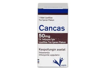 CANCAS 50 MG IV INFUZYON ICIN LIYOFILIZE TOZ ICEREN FLAKON ambalajı. Kaspofungin asetat içeren flakon. Üretici: VEM İLAÇ SAN. VE TİC. ANONİM ŞİRKETİ.