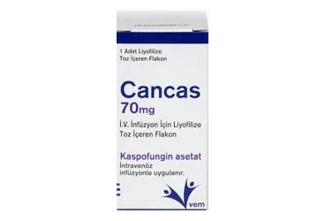 CANCAS 70 MG IV INFUZYON ICIN LIYOFILIZE TOZ ICEREN FLAKON kutu fotoğrafı. Kaspofungin asetat içeren flakon. Üretici: VEM İLAÇ SAN. VE TİC. ANONİM ŞİRKETİ.