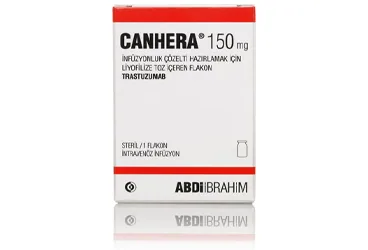 Trastuzumab içeren flakon: CANHERA 150 MG TEK DOZLU LIYOFILIZE TOZ ICEREN FLAKON kutusu. Üretici: ABDİ İBRAHİM İLAÇ SANAYİ VE TİCARET A.Ş.