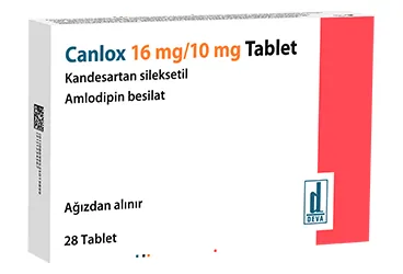 Amlodipin + kandesartan içeren tablet: CANLOX 16 MG/10 MG TABLET (28 TABLET) ambalajı. Üretici: DEVA HOLDİNG ANONİM ŞİRKETİ.