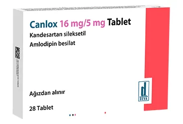 Amlodipin + kandesartan içeren tablet: CANLOX 16 MG/5 MG TABLET (28 TABLET) ürün ambalajı. Üretici: DEVA HOLDİNG ANONİM ŞİRKETİ.