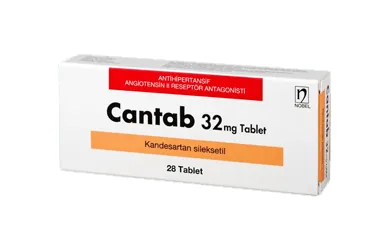 CANTAB 32 MG 28 TABLET ürün ambalajı, tablet formunda kandesartan içerir. Üretici: NOBEL İLAÇ SAN. VE TİC. A.Ş.