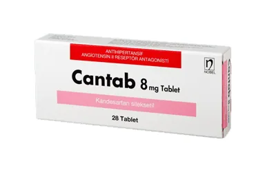 Kandesartan içeren tablet: CANTAB 8 MG 28 TABLET ürün ambalajı. Üretici: NOBEL İLAÇ SAN. VE TİC. A.Ş.